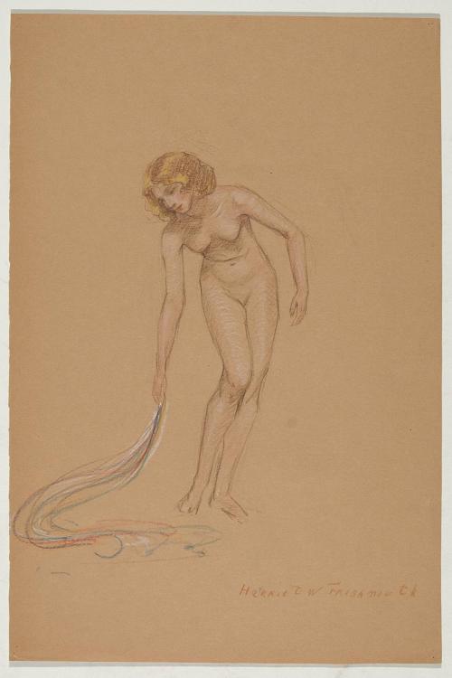 [Study, standing nude, bending left holding drape]