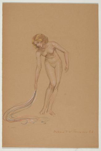 [Study, standing nude, bending left holding drape]