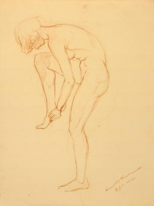 [Study, nude posed “tying shoe”]