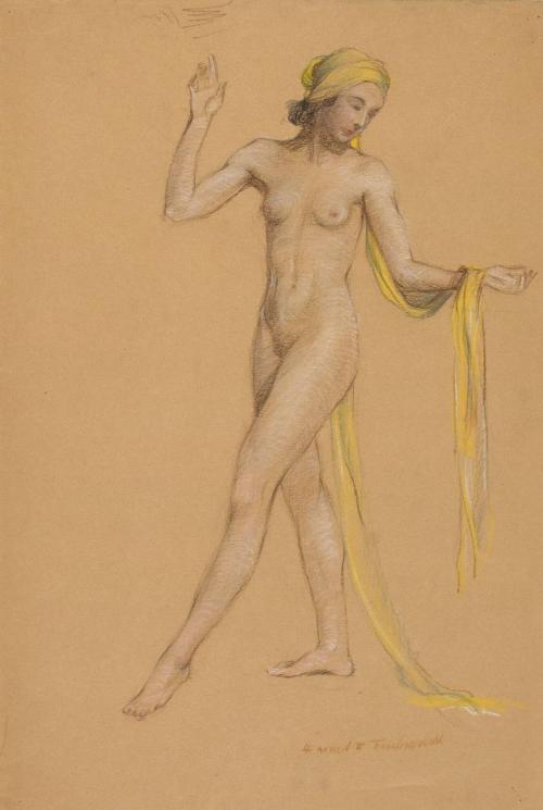 [Study, standing nude wearing yellow scarf on head]