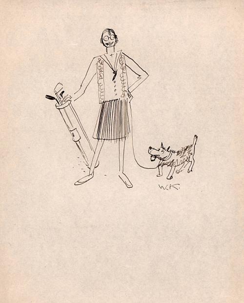 Woman and dog with golf clubs