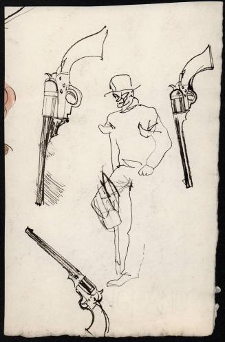 Three guns and sketch of a man with crutches