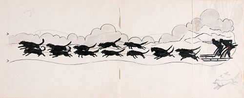 Sled scene with dogs and two figures