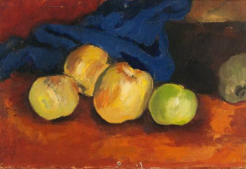 Still life with apples and blue cloth