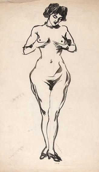 Nude woman holding breasts