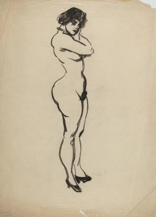 [Standing nude woman wearing heels]