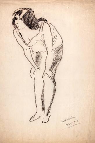 Figure study of a woman, bending slightly, with hands on knees