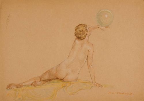 [Study, seated nude balancing “bubble” on hand]