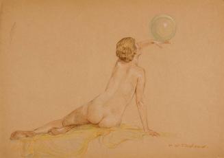 Study, seated nude balancing “bubble” on hand