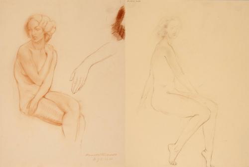 [Study, seated nude with arms crossed in front and study of a hand]