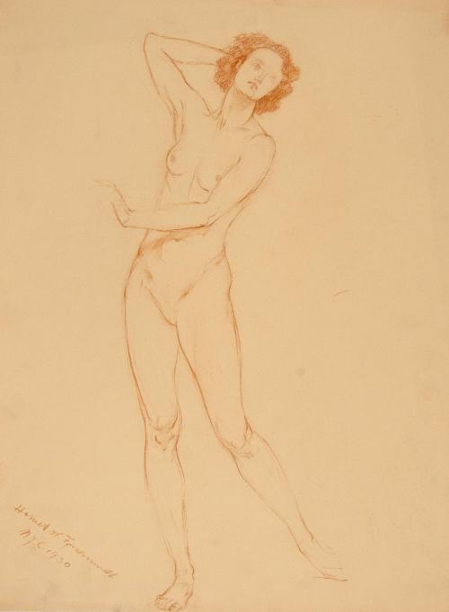 [Study, standing nude, arm up behind head]