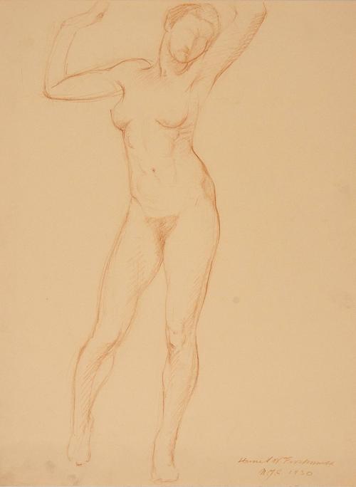 [Study, standing nude with arms raised]