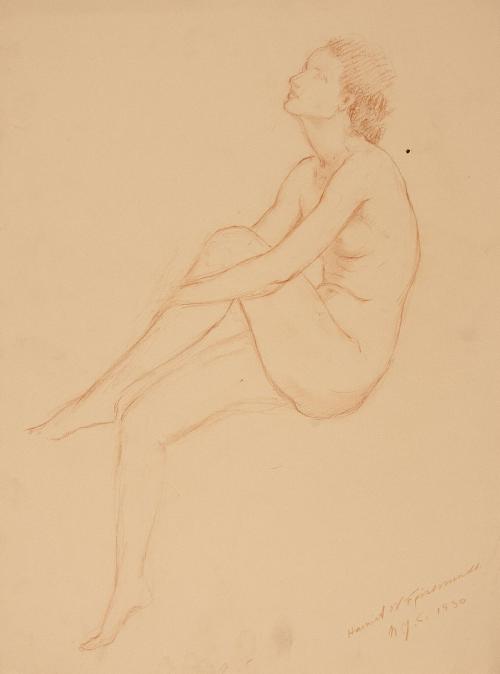 [Study, seated nude pulling up knee]