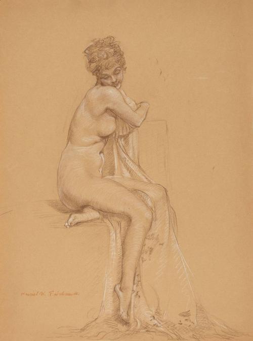 [Study, seated nude with drape]