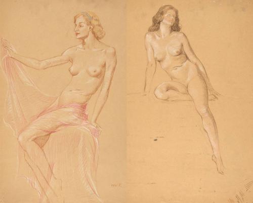 [Study, seated nude with pink drape]