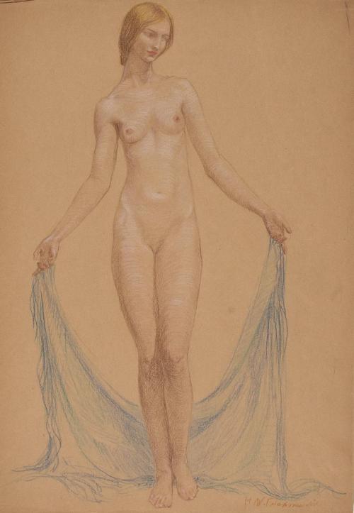 [Study, standing nude with blue/green drape]