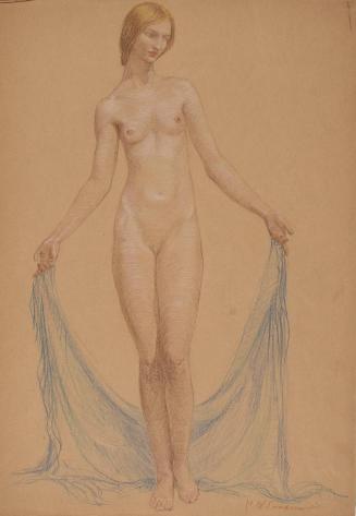 Study, standing nude with blue/green drape