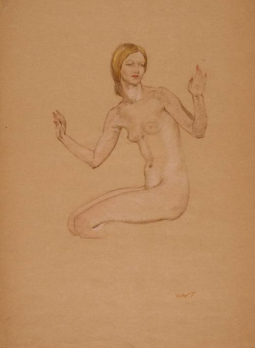 [Study, kneeling nude with hands up (image on verso, similar pose ‘NY Academy of Medicine medal’)]