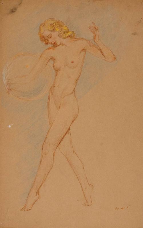 [Study, standing nude holding ball]