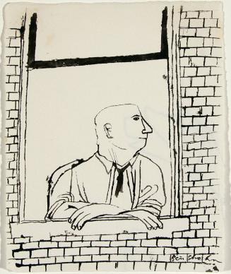 Man sitting at window, arms crossed