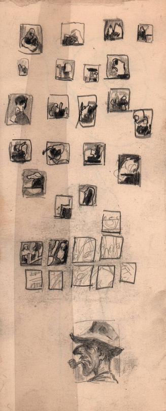 untitled, thumbnail sketches, 29 square shapes filled with nondescript objects and 1 square of the profile of man wearing hat and smoking a pipe [Ellis 50(2)]