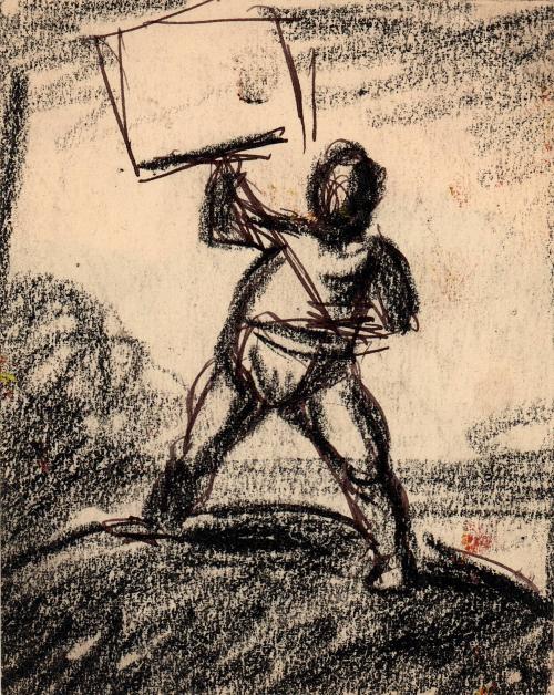 untitled, gestural drawing of figure carrying hand held placard [Ellis 51(2)]