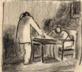 untitled, figure sitting at desk with another figure standing at end of desk  [Ellis 52(7)]