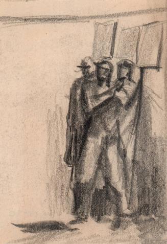 untitled, three standing figures carrying handheld placards. [Ellis 55(3)]