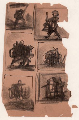 untitled, six figurative thumbnail drawings, one with a gun and one with WAR written through the drawing [Ellis 58(1)]