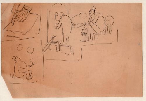 untitled, thumbnail sketches, one of seated man looking at bubbles rising from pipe [Ellis 62(1)]