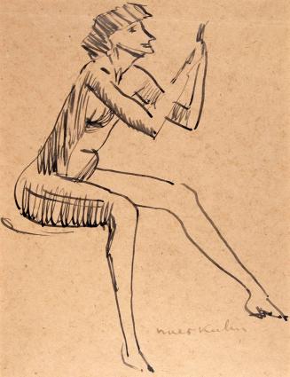 [nude female seated with legs apart and arms bent at elbows with both hands folded]
