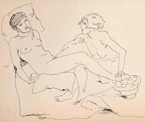 [two nudes, one reclining holding fruit, one seated holding basket]