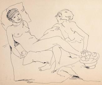 [two nudes, one reclining holding fruit, one seated holding basket]