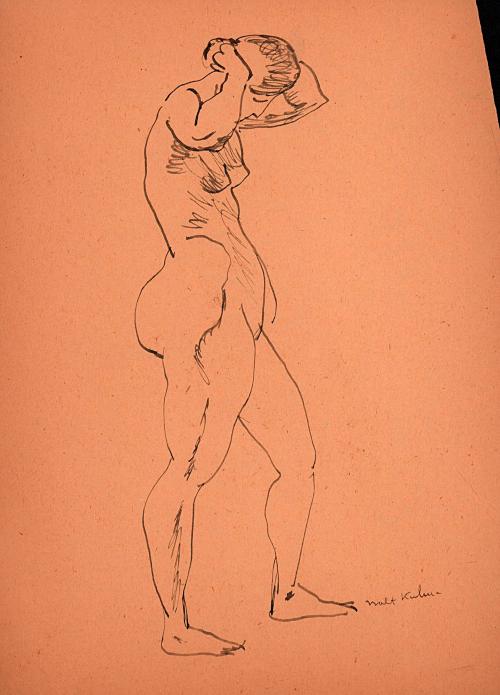 [standing nude, side view, hands behind head]