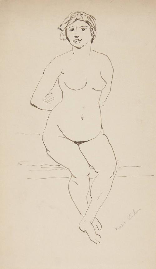 [seated female nude, arms crossed behind back]