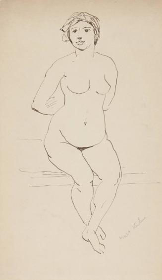 [seated female nude, arms crossed behind back]