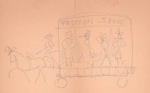 [Fashion show, horse drawn wagon]