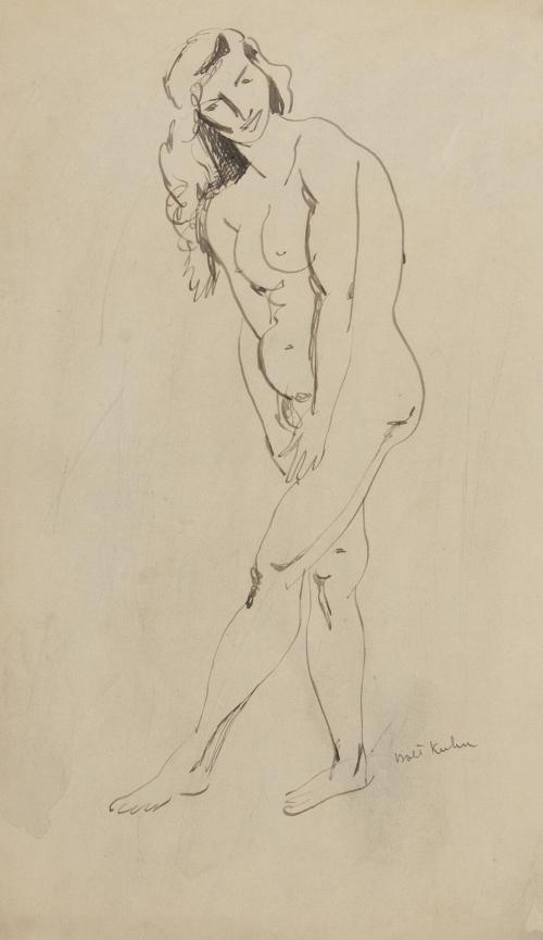 [standing female nude, bent at waist]