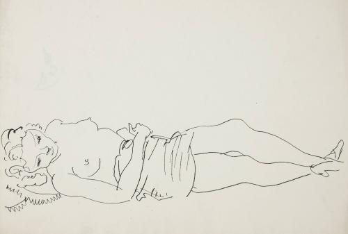 [Topless woman reclining on back]