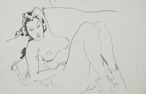 [reclining female figure, knees bent, arm behind head]