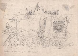 [whiskey merchant leading a covered wagon full of whiskey] Historical Painting 634832104