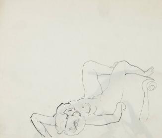 [Reclining nude woman with legs draped over arm of couch]