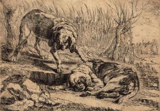 untitled, two hounds, one standing, one lying down
