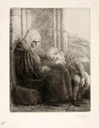 Femme Assise, Muraille Au Fond, Enfant La Tete Dans son Grion;