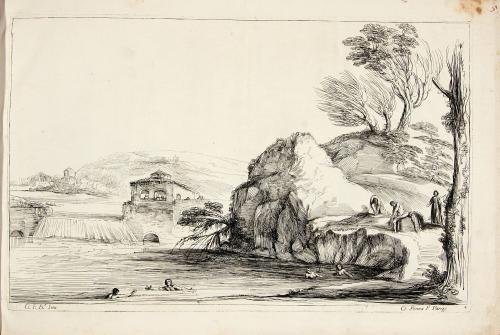 [Landscape with a waterfall, riverbank, and bathers]