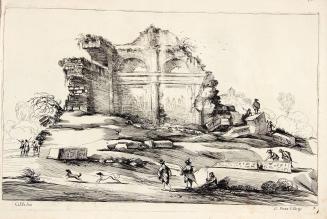 [Untitled landscape, visitors with dogs at ancient ruins]