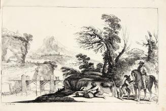 untitled landscape, three men with horse, distant bridge, mountains, and village