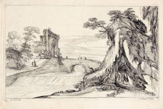 [Landscape with rock in foreground and ruins in background]