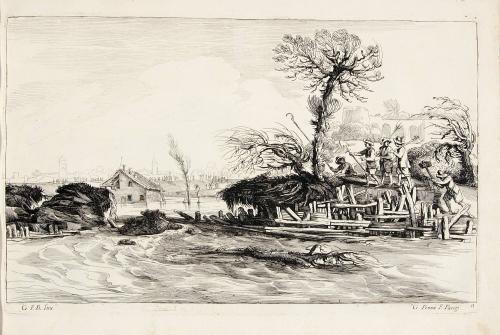 [Landscape with flooding river and five figures with tools]