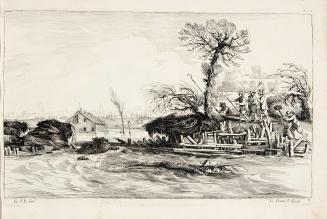 untitled landscape, riverbank, farmers and flood